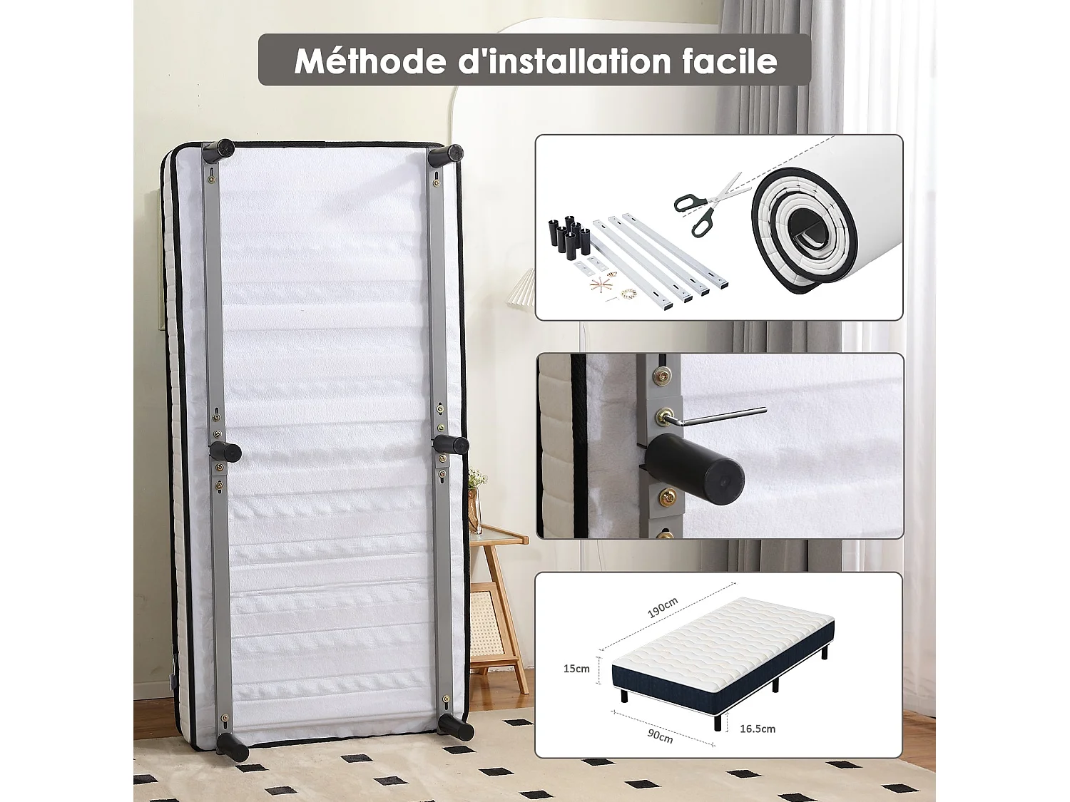 Combinaison lit matelas 90x190 cm, Matelas à Mémoire de Forme + Cadre de Lit en Fer, Comprenant 6