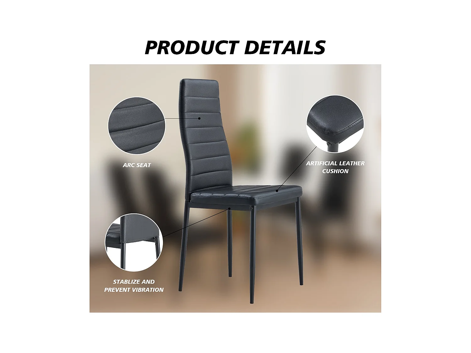 Lot de 4 chaises de salle à manger, noir, ligne horizontale, chaise de bureau