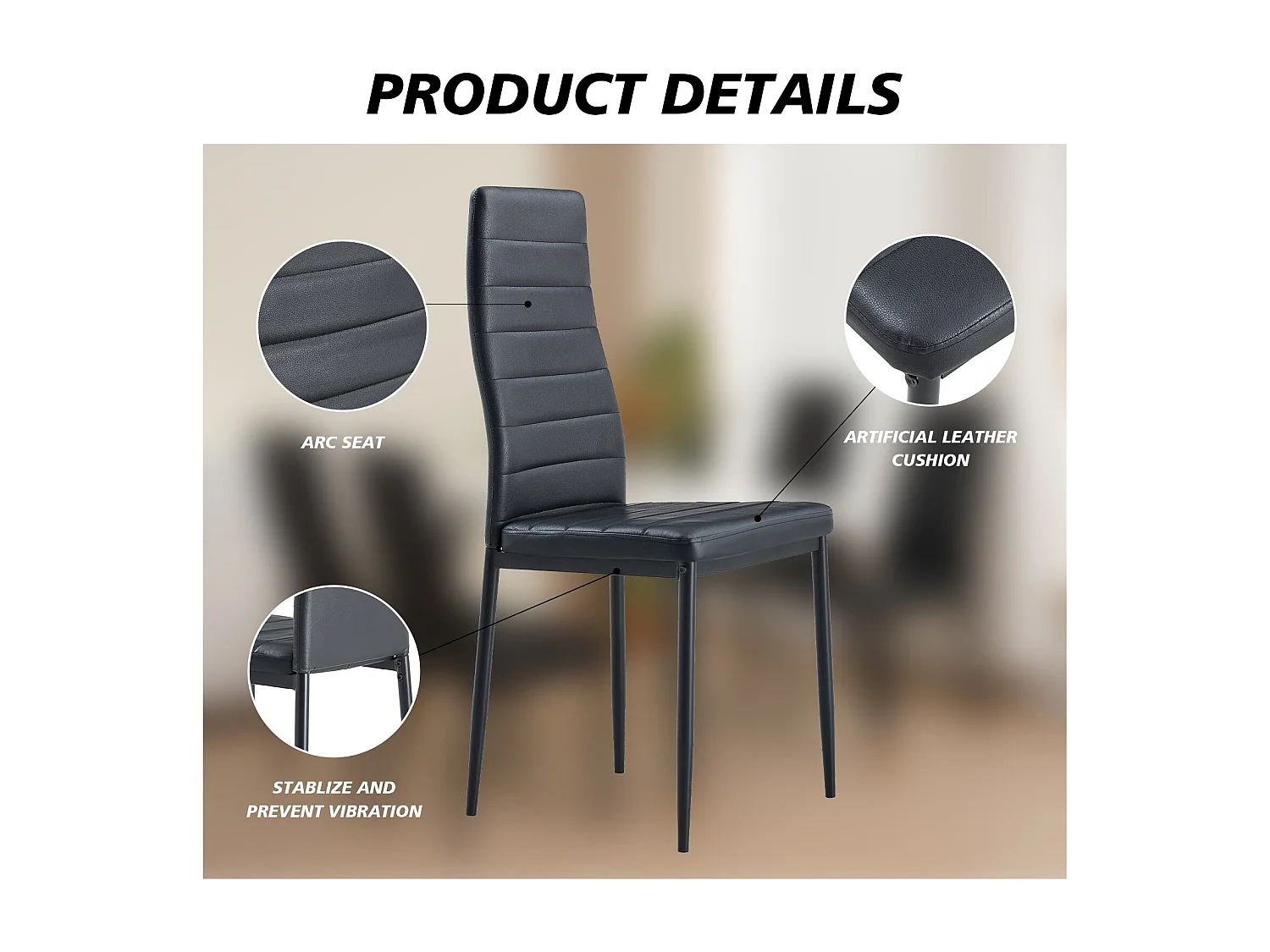 Lot de 4 chaises de salle à manger, noir, ligne horizontale, chaise de bureau