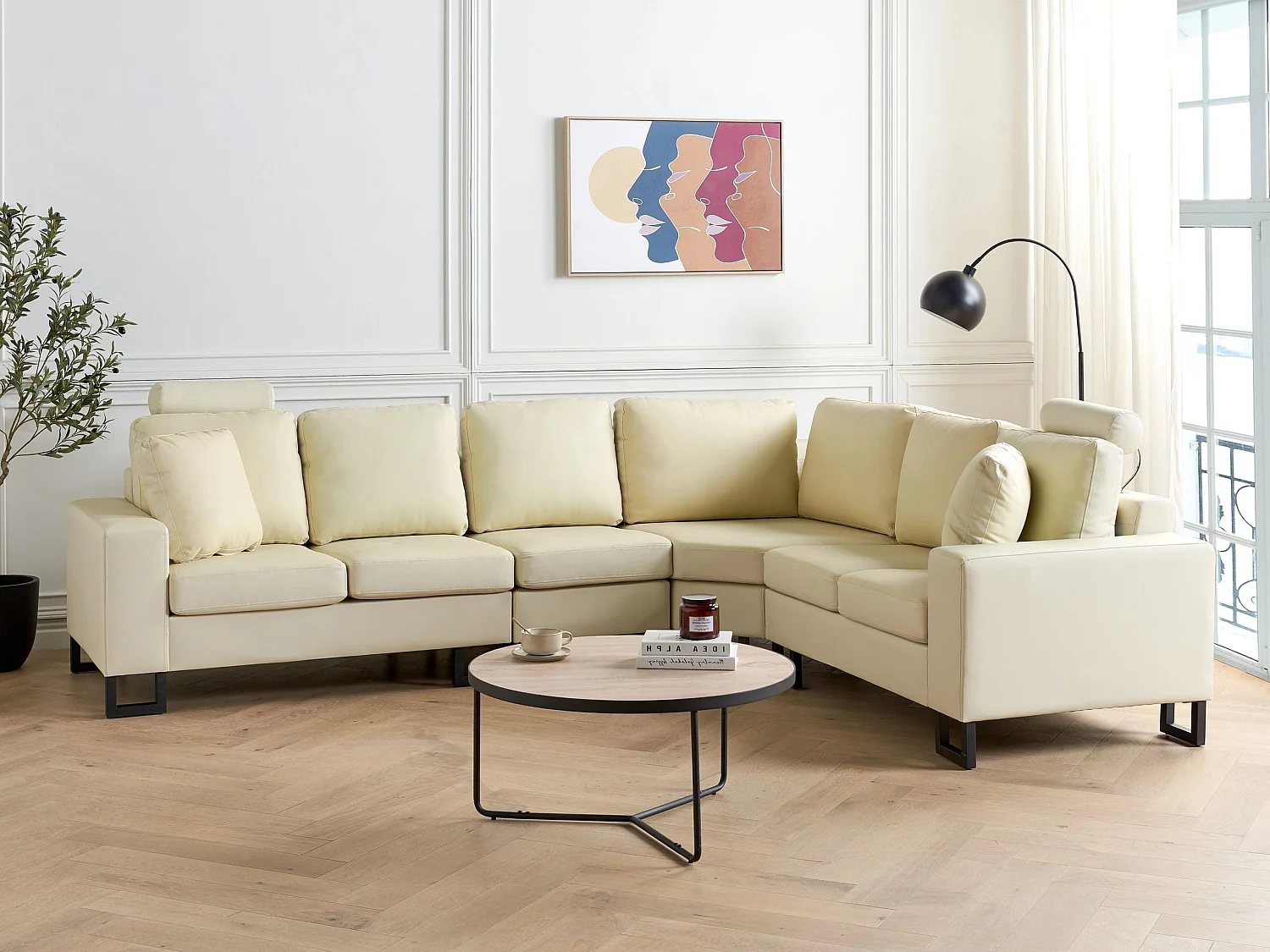 6-Sitzer Ecksofa Leder creme linksseitig STOCKHOLM II