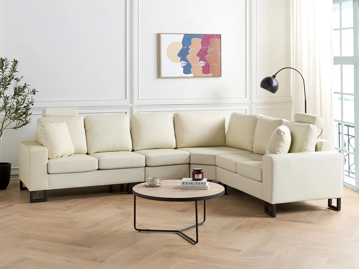 Canapé d'angle STOCKHOLM Cuir Crème 6 places Côté gauche