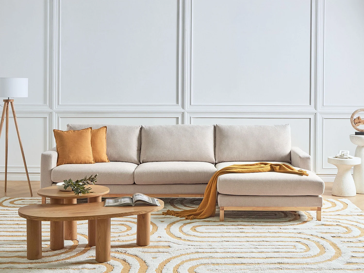 Canapé d'Angle à droite en Tissu Pieds en Bois Beige Siggard