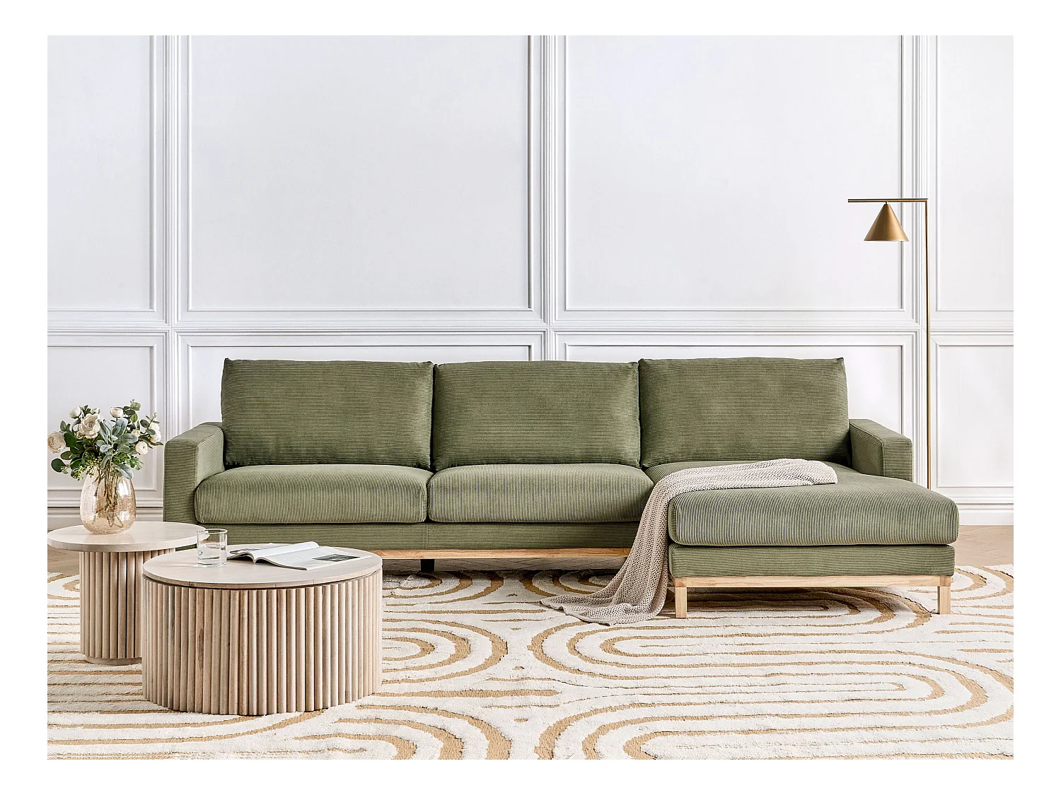 Canapé d'Angle à droite en Velours Côtelé Pieds en Bois Vert Siggard
