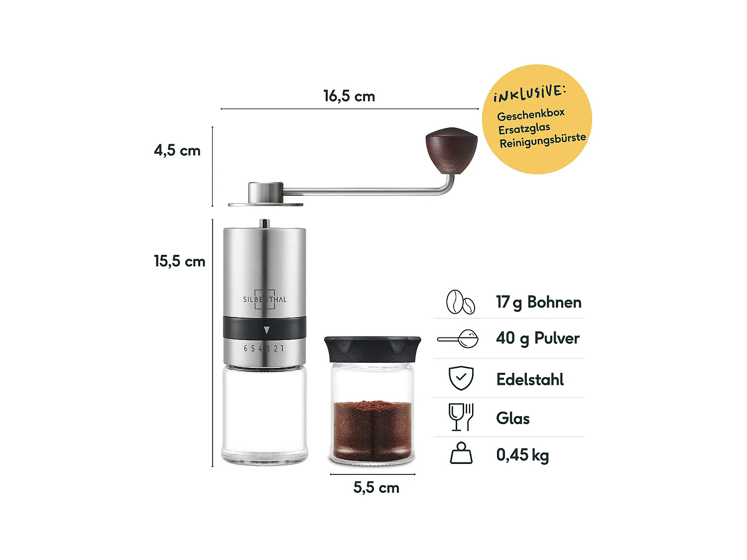 SILBERTHAL Kaffeemühle Manuell Kegelmahlwerk -