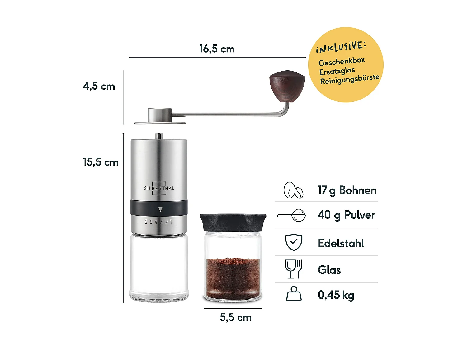 SILBERTHAL Kaffeemühle Manuell Kegelmahlwerk -