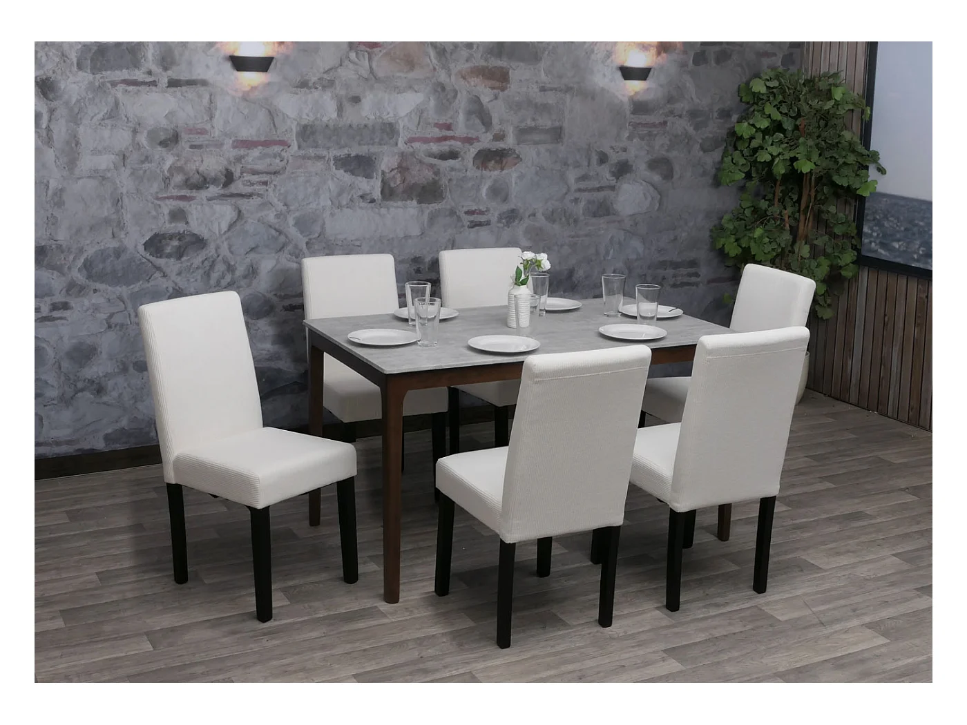 Chaise de salle à manger Littau Velours (lot de 6),  crème, pieds foncés