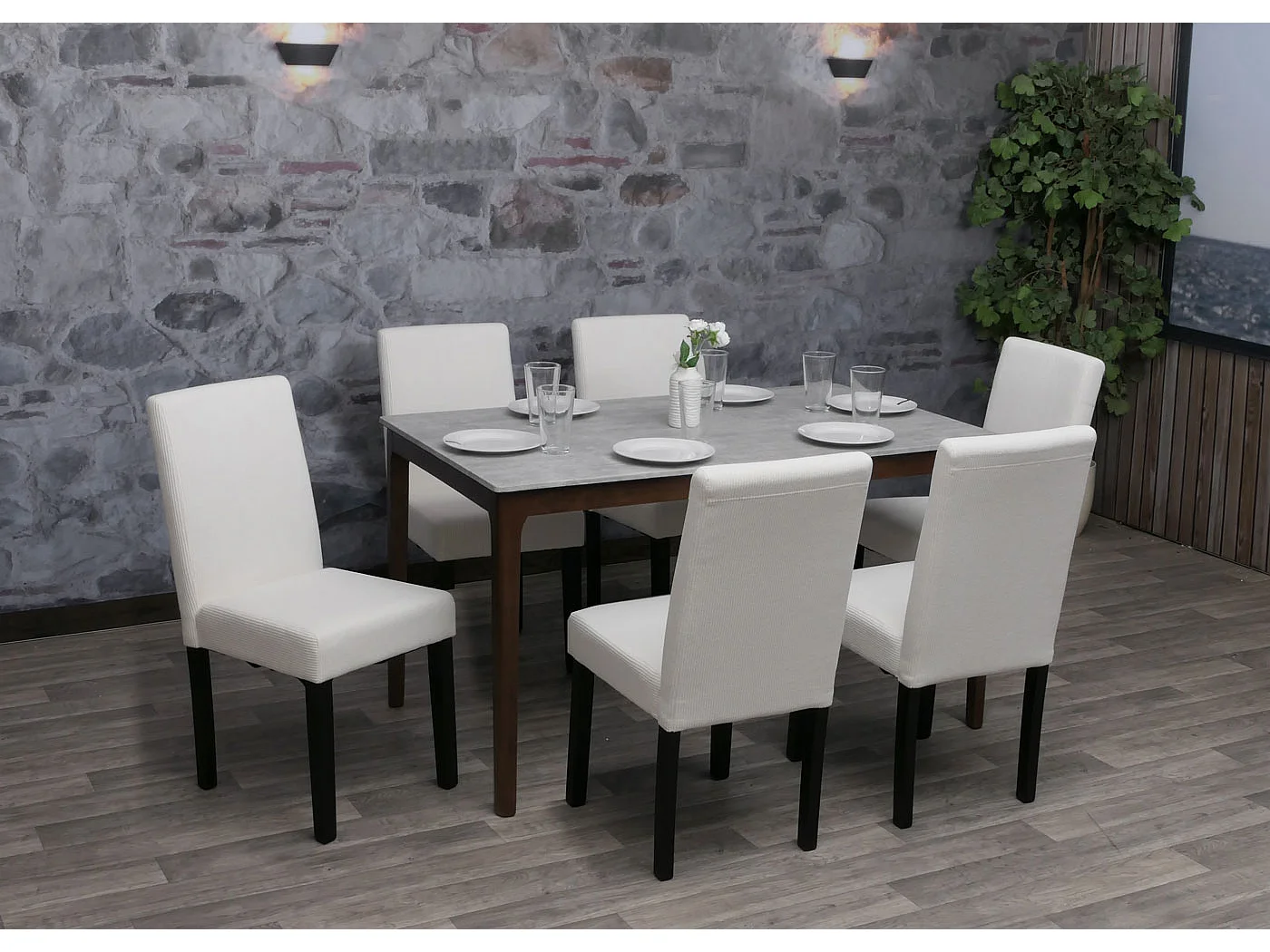 Chaise de salle à manger Littau Velours (lot de 6),  crème, pieds foncés