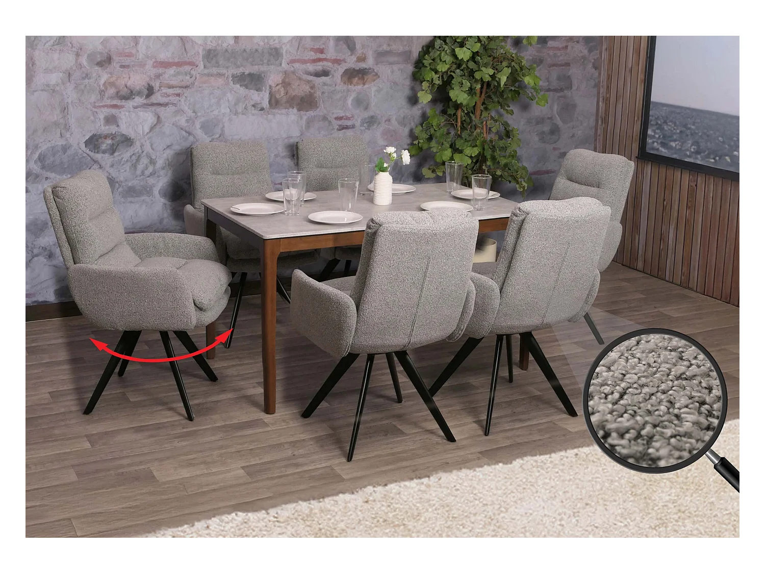Chaise de salle à manger MCW-G66 Bouclé (lot de 6),  gris clair, avec accoudoirs