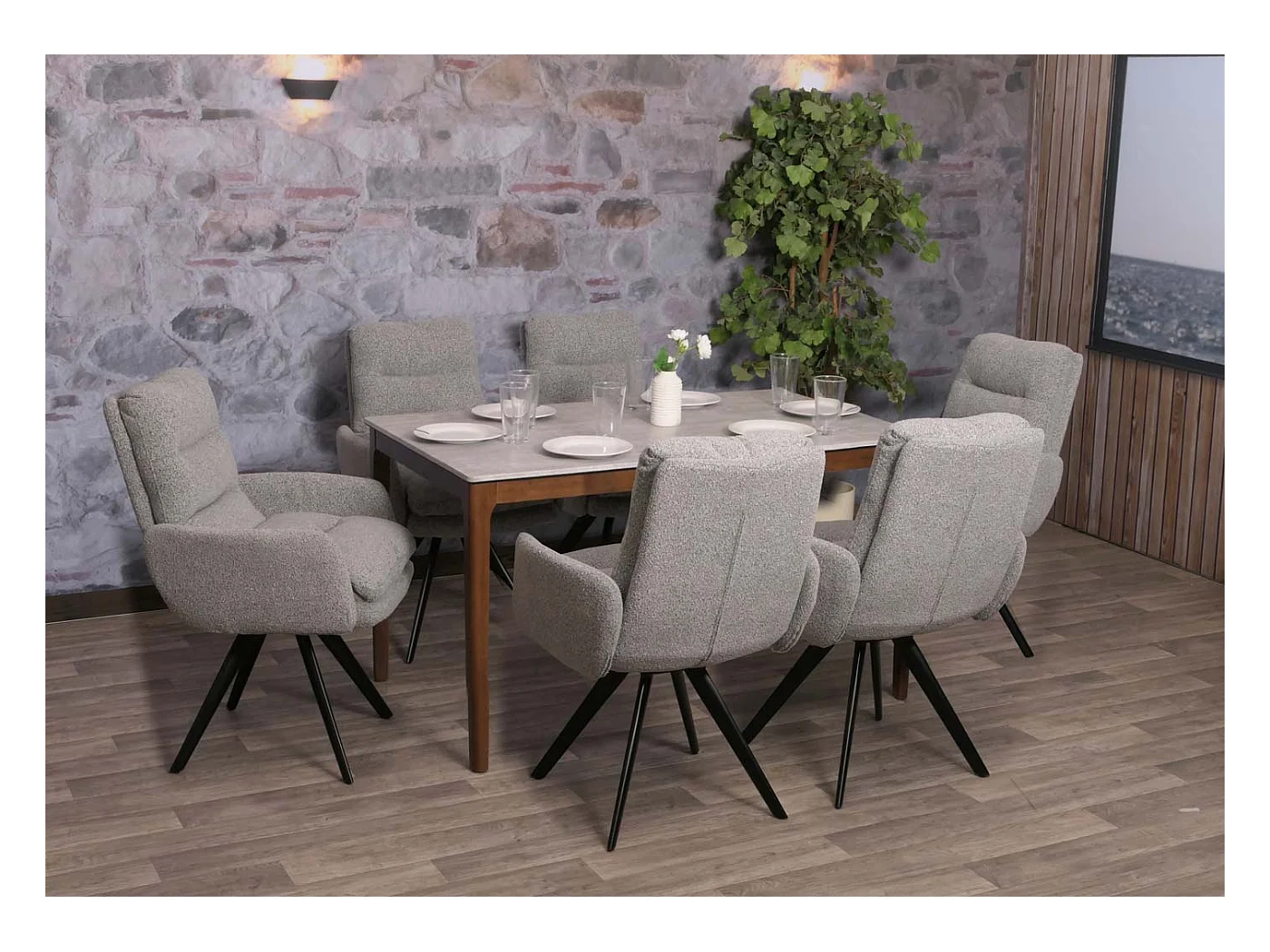 Eetkamerstoel MCW-G66 Bouclé (set van 6),  lichtgrijs, met armleuningen