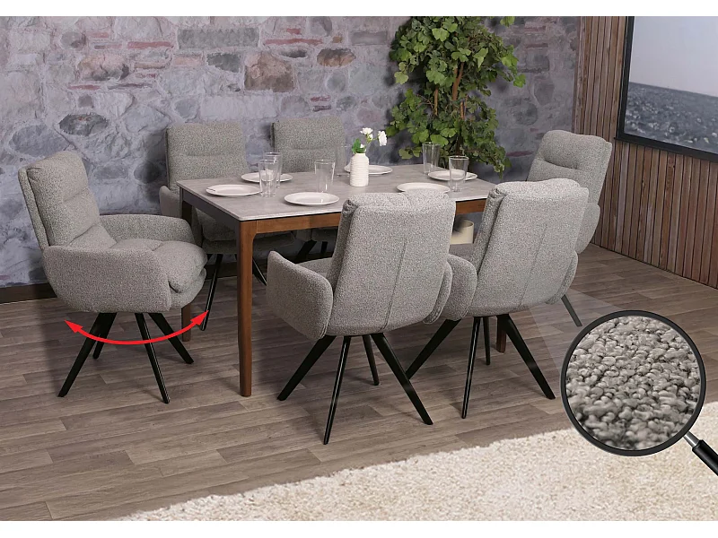 Chaise de salle à manger MCW-G66 Bouclé (lot de 6),  gris clair, avec accoudoirs