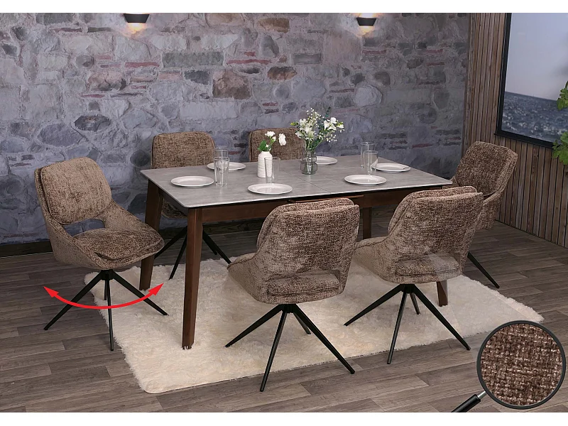 Set 6 sedie pranzo MCW-N73, cucina, posizionamento automatico girevole, stoffa/tessuto ciniglia (490g/m²) ~ marrone