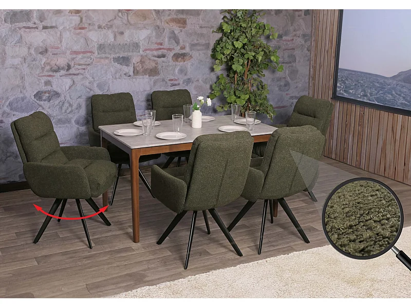 Eetkamerstoel MCW-G66 Bouclé (set van 6),  groen, met armleuning