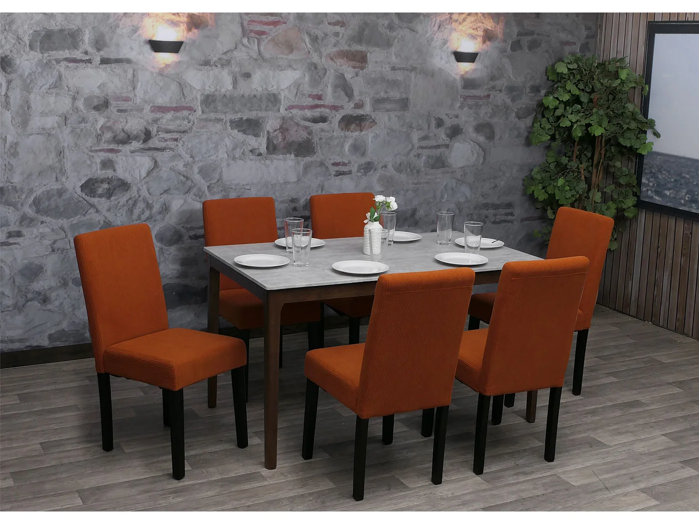 Set 6x sedie Littau tessuto a coste soggiorno cucina sala da pranzo legno 90x42x50cm ~ terracotta gambe scure
