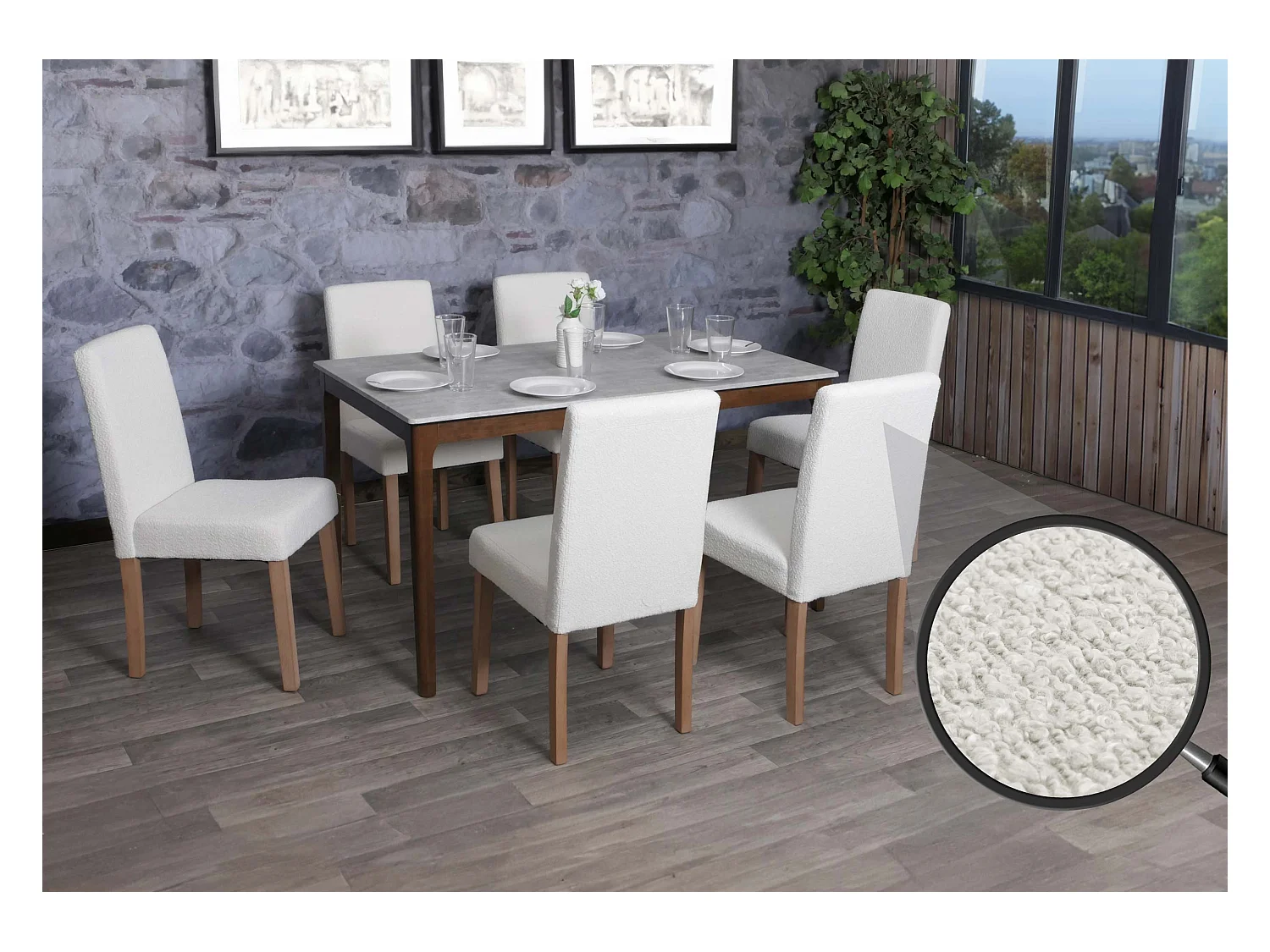 Chaise de salle à manger Littau Bouclé (lot de 6),  crème, pieds couleur naturelle