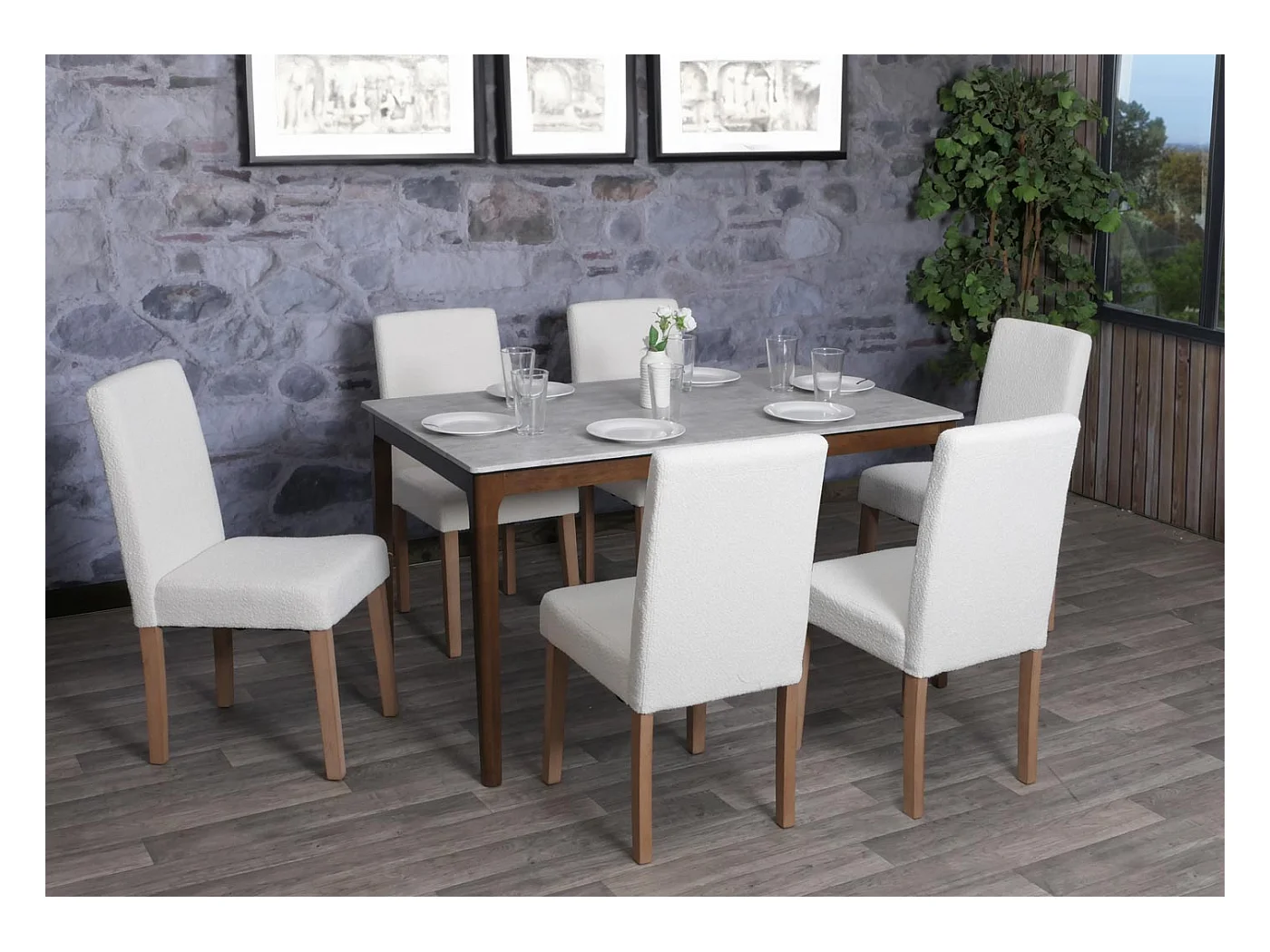 Chaise de salle à manger Littau Bouclé (lot de 6),  crème, pieds couleur naturelle