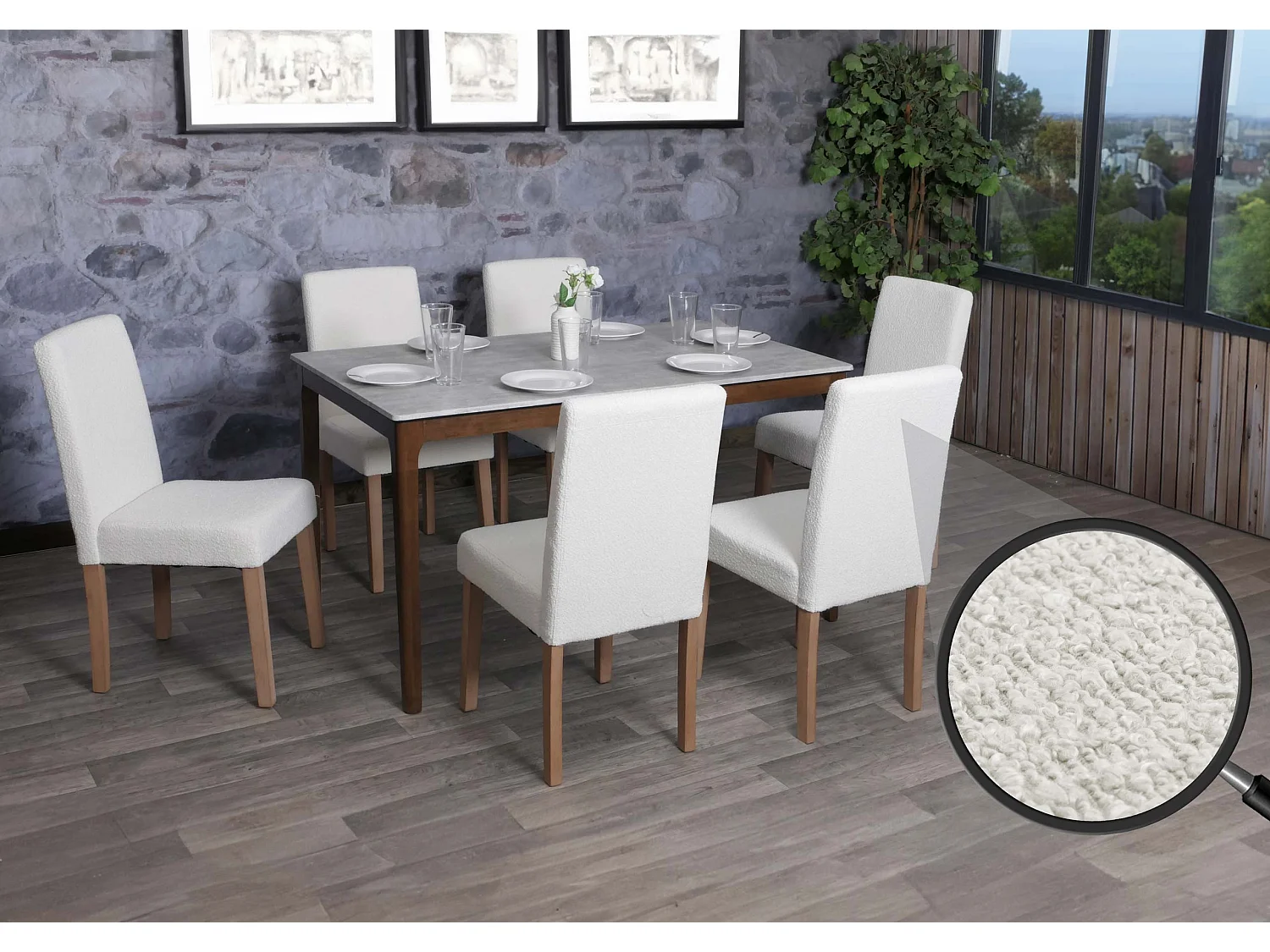 Silla de comedor Littau bouclé (juego de 6),  crema, patas color natural