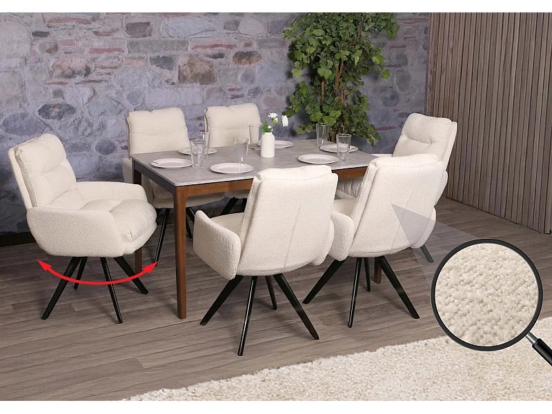 Set di 6 sedie da pranzo MCW-G66, cucina, girevole auto posizione Stoffa/tessuto bouclé MVG ~ avorio, con braccioli