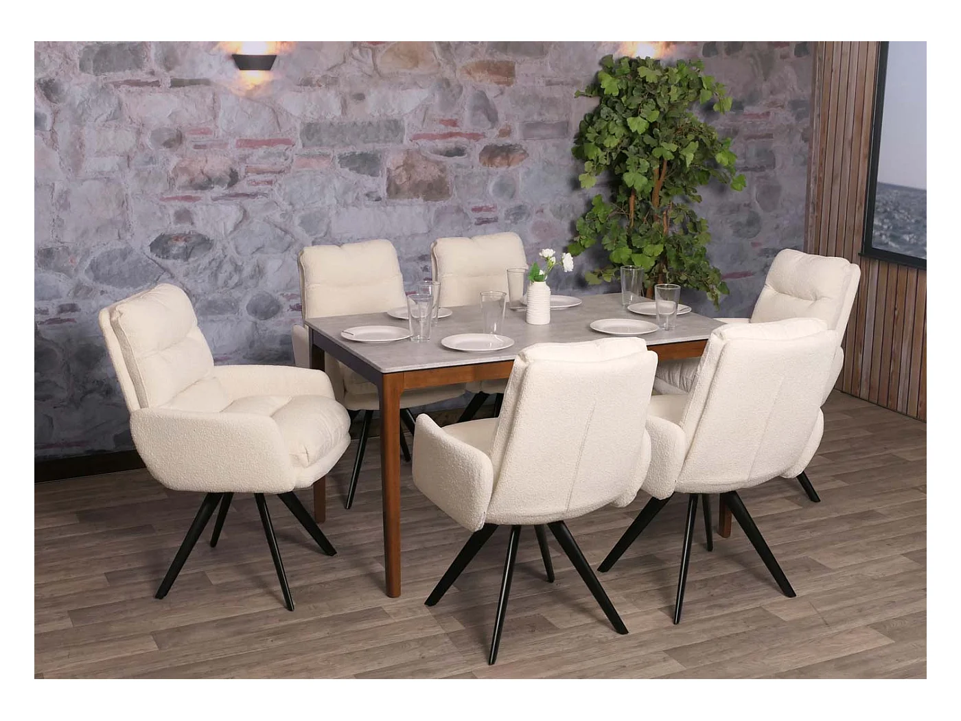 Chaise de salle à manger MCW-G66 Bouclé (lot de 6),  blanc crème, avec accoudoirs