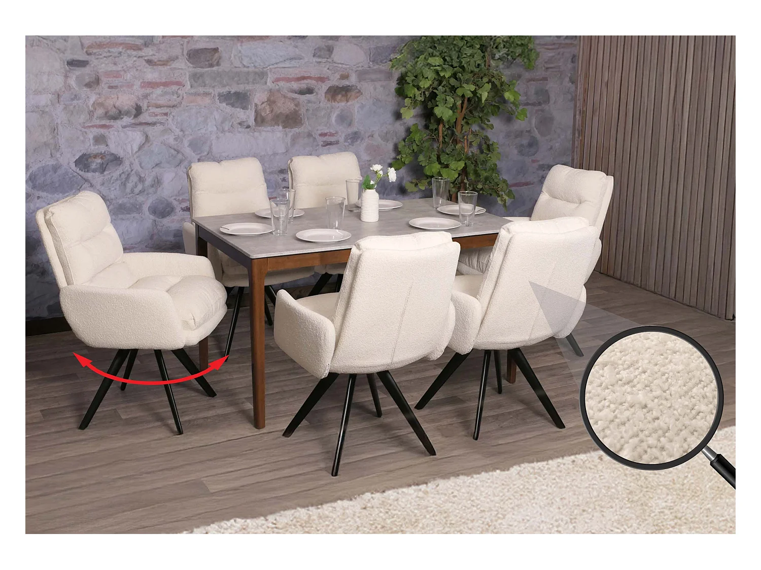 Chaise de salle à manger MCW-G66 Bouclé (lot de 6),  blanc crème, avec accoudoirs