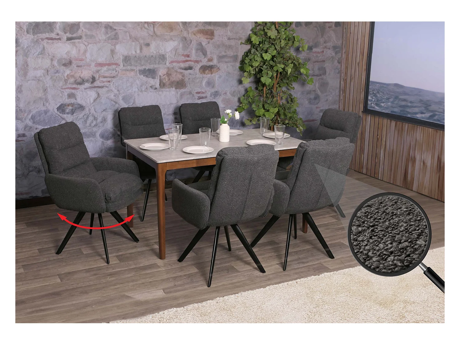 Chaise de salle à manger MCW-G66 Bouclé (lot de 6),  gris foncé, avec accoudoirs