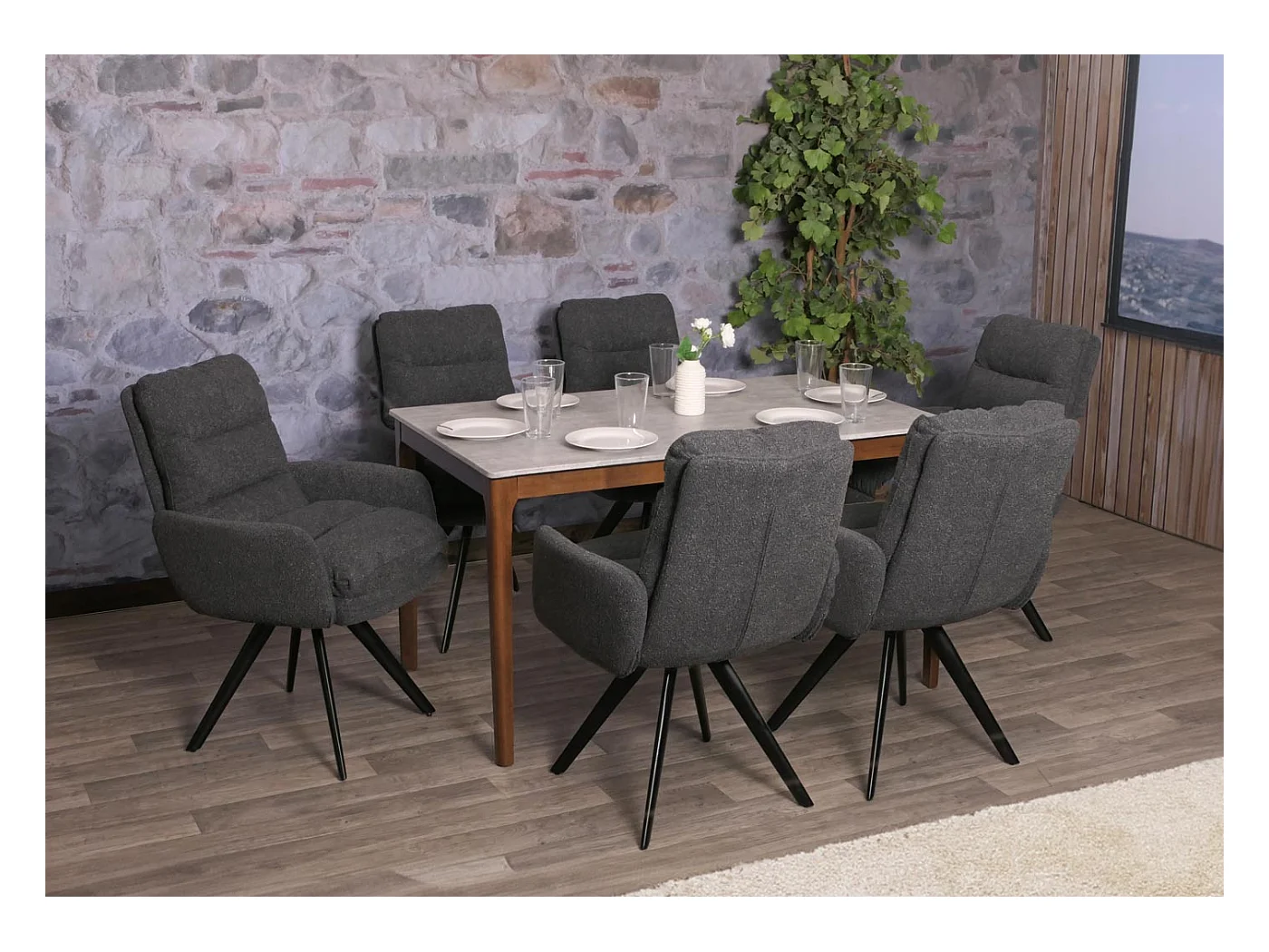 Eetkamerstoel MCW-G66 Bouclé (set van 6),  donkergrijs, met armleuningen