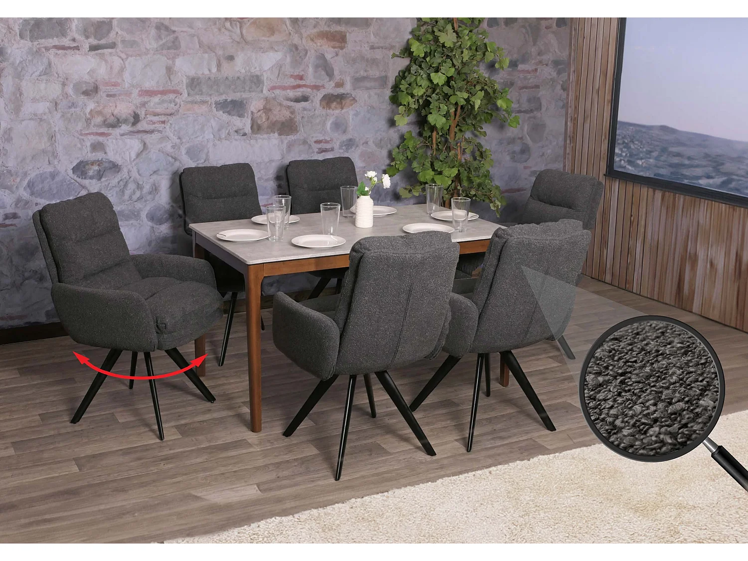 Chaise de salle à manger MCW-G66 Bouclé (lot de 6),  gris foncé, avec accoudoirs