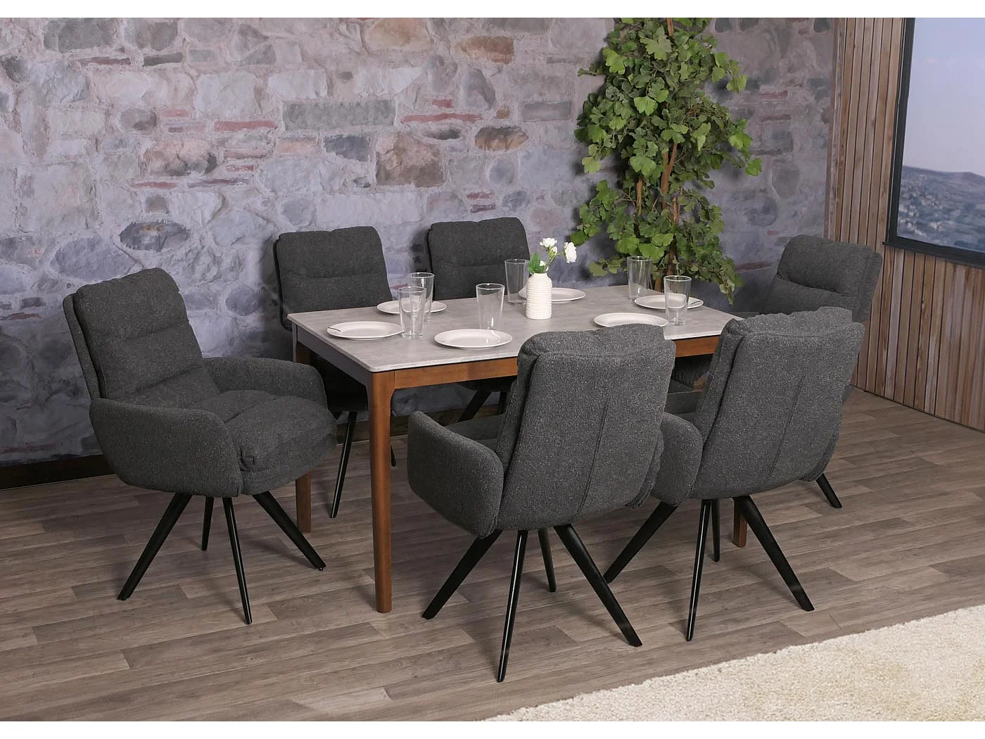 Chaise de salle à manger MCW-G66 Bouclé (lot de 6),  gris foncé, avec accoudoirs