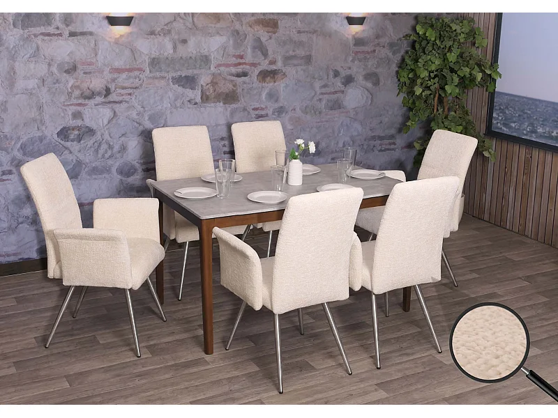 Set di 6 sedie da pranzo MCW-G55, con braccioli, acciaio inox spazzolato Stoffa/tessuto ciniglia Oeko-Tex ~ avorio