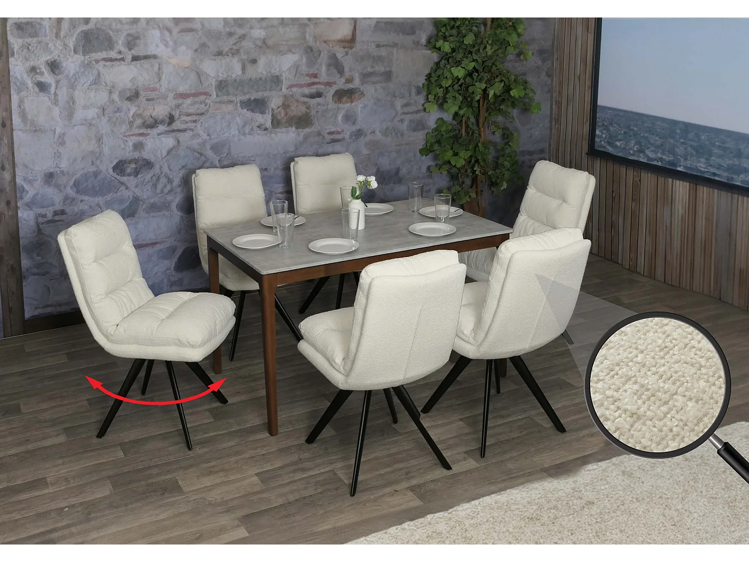 Chaise de salle à manger MCW-G66 Bouclé (lot de 6),  blanc crème