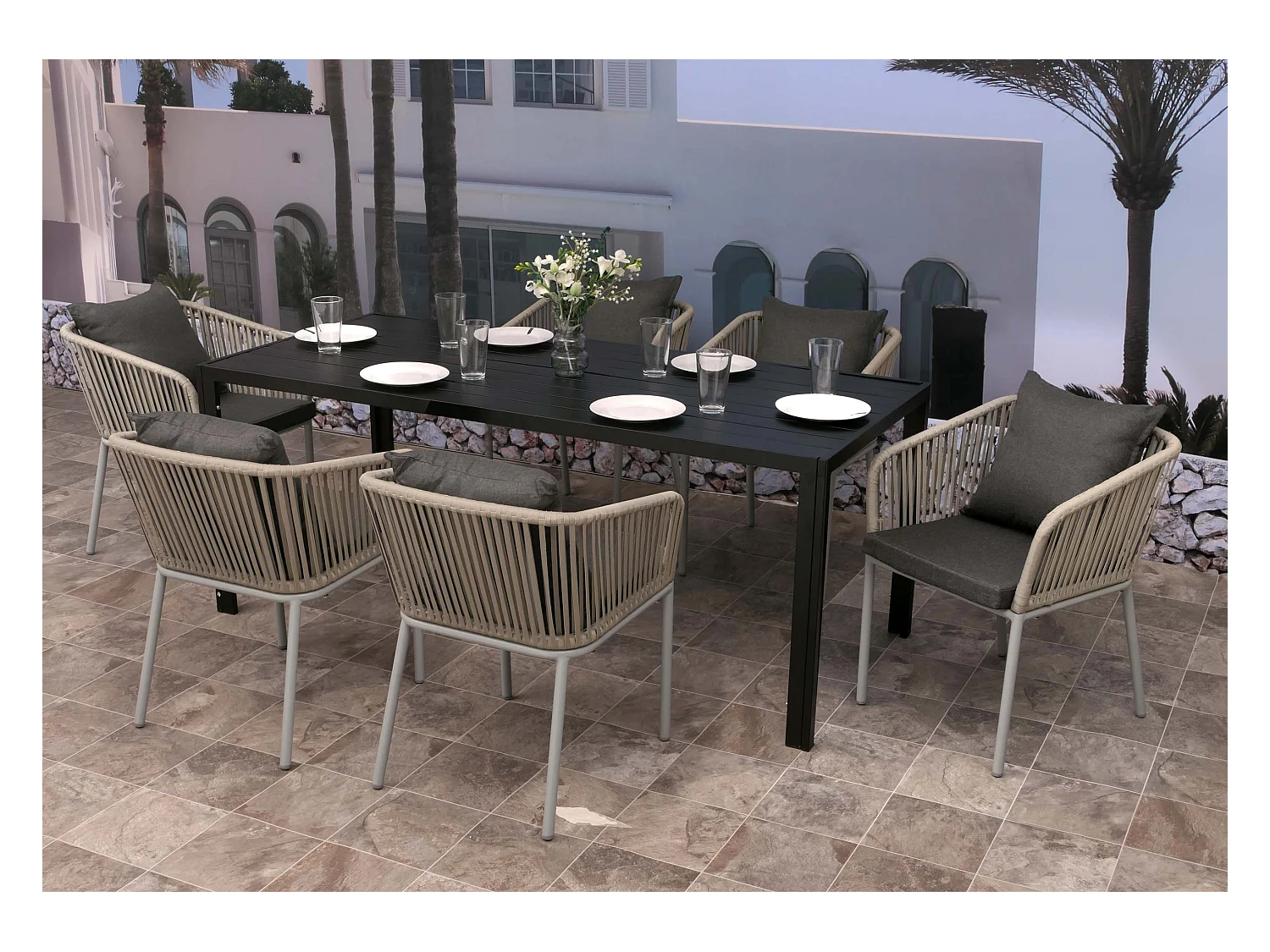 Gartengarnitur MCW-N41 (7-teilig), Grau, Kissen dunkelgrau