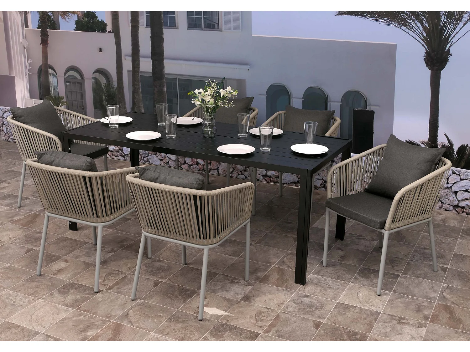 Ensemble de jardin MCW-N41 (7 pièces),  gris clair, coussin gris foncé