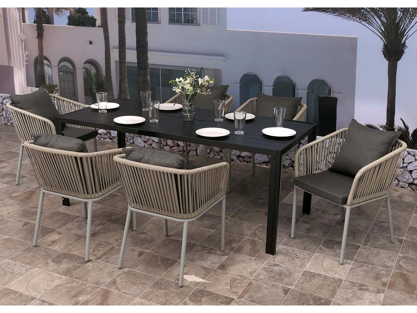 Ensemble de jardin MCW-N41 (7 pièces),  gris clair, coussin gris foncé