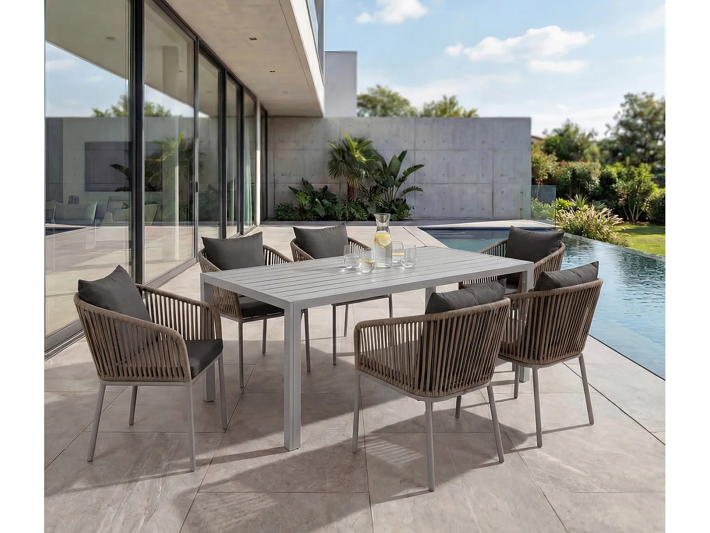 Gartengarnitur MCW-N41 (7-teilig), Grau, Kissen dunkelgrau