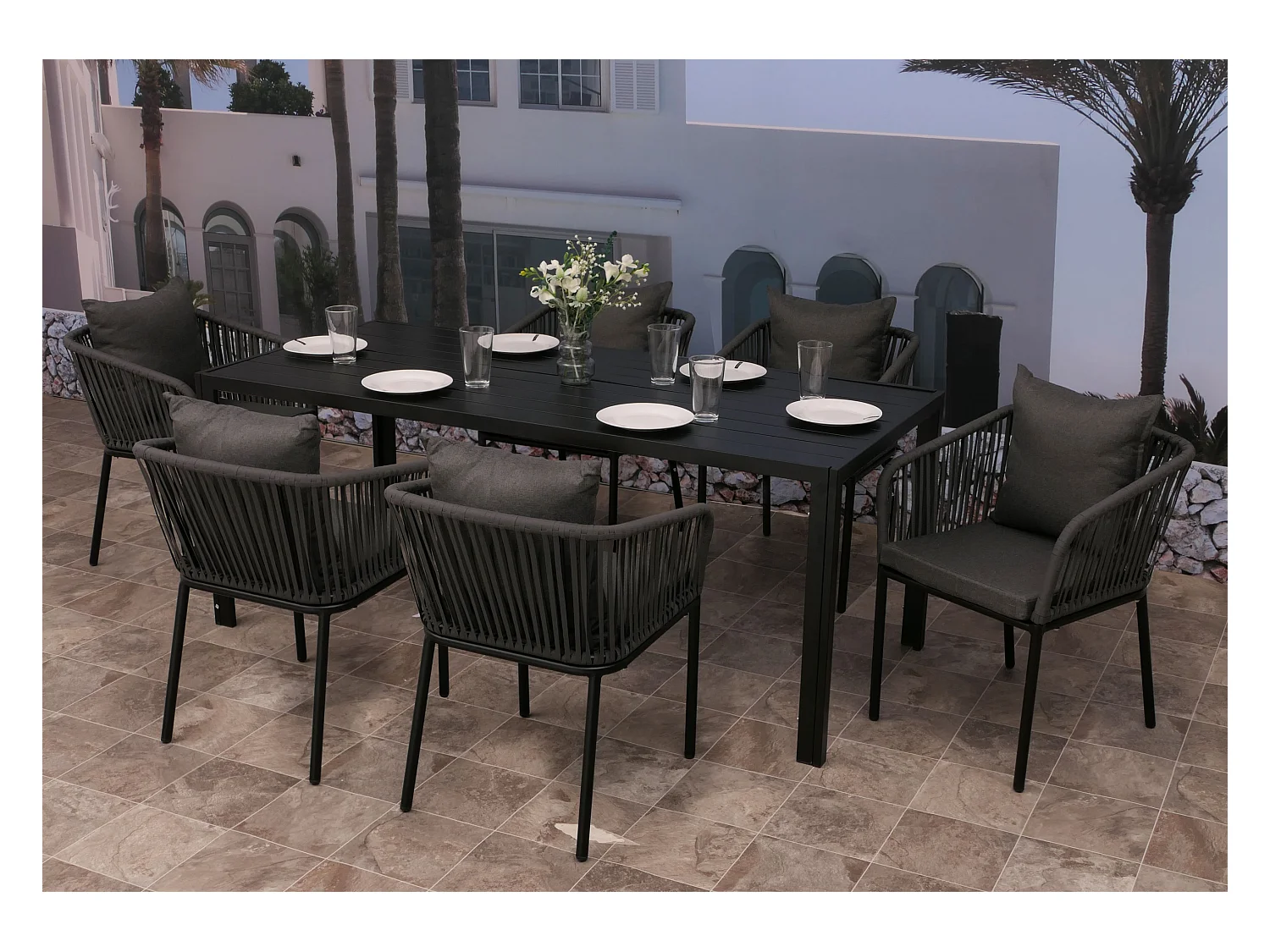 Gartengarnitur MCW-N41 (7-teilig), Anthrazit, Kissen dunkelgrau