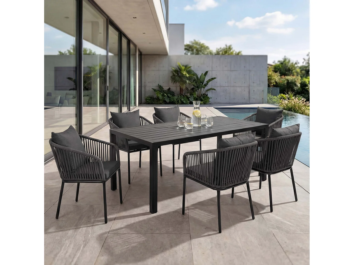 Gartengarnitur MCW-N41 (7-teilig), Anthrazit, Kissen dunkelgrau