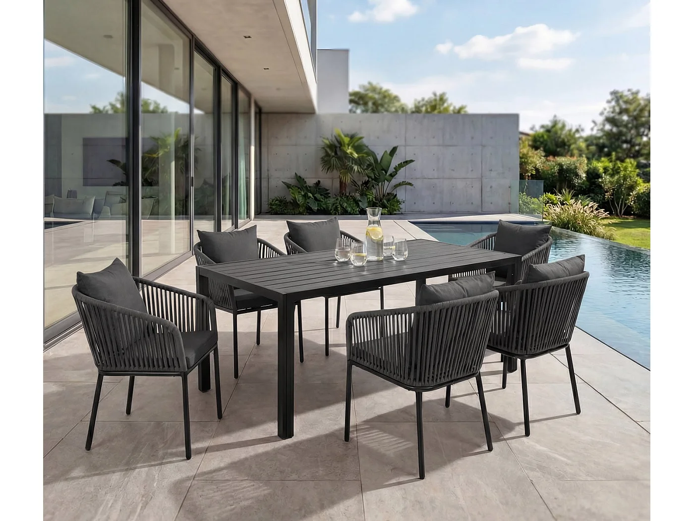 Gartengarnitur MCW-N41 (7-teilig), Anthrazit, Kissen dunkelgrau