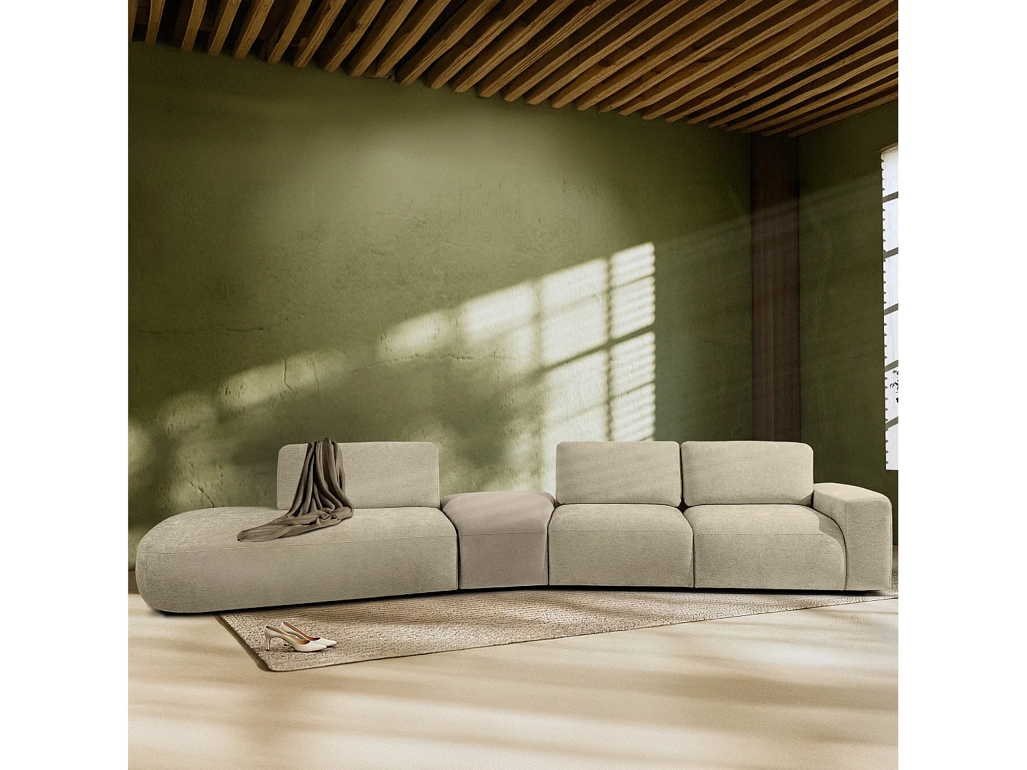 Ecksofa links - modern - ZUCCO - 5-Sitzer - Chenille-Stoff - Creme