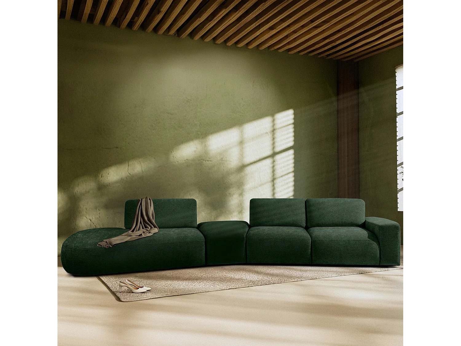 Ecksofa links - modern - ZUCCO - 5-Sitzer - Chenille-Stoff - Dunkelgrün
