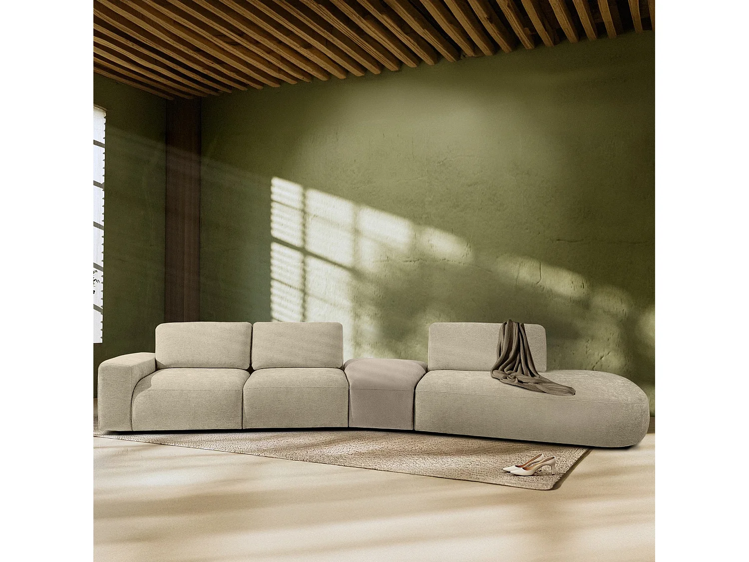 Ecksofa rechts - modern - ZUCCO - 5-Sitzer - Chenille-Stoff - Creme