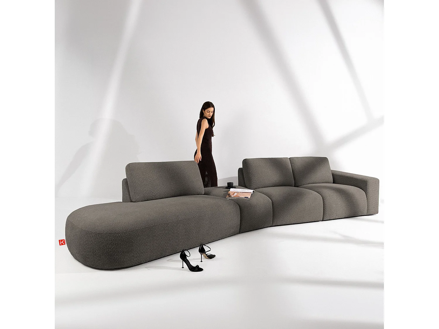 Ecksofa links - modern - ZUCCO - 5-Sitzer - Boucle - Dunkelbraun