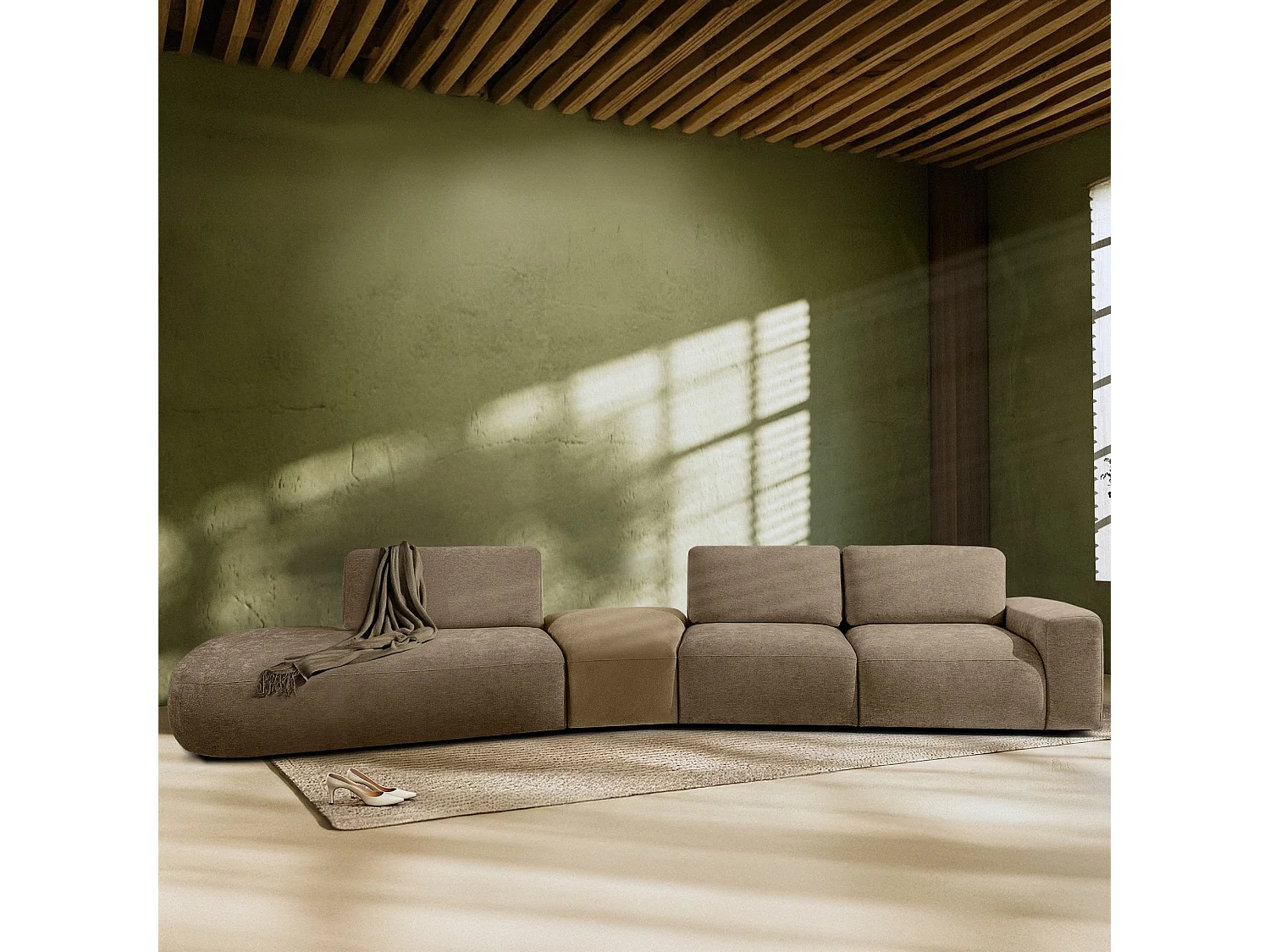 Ecksofa links - modern - ZUCCO - 5-Sitzer - Chenille-Stoff - Beige