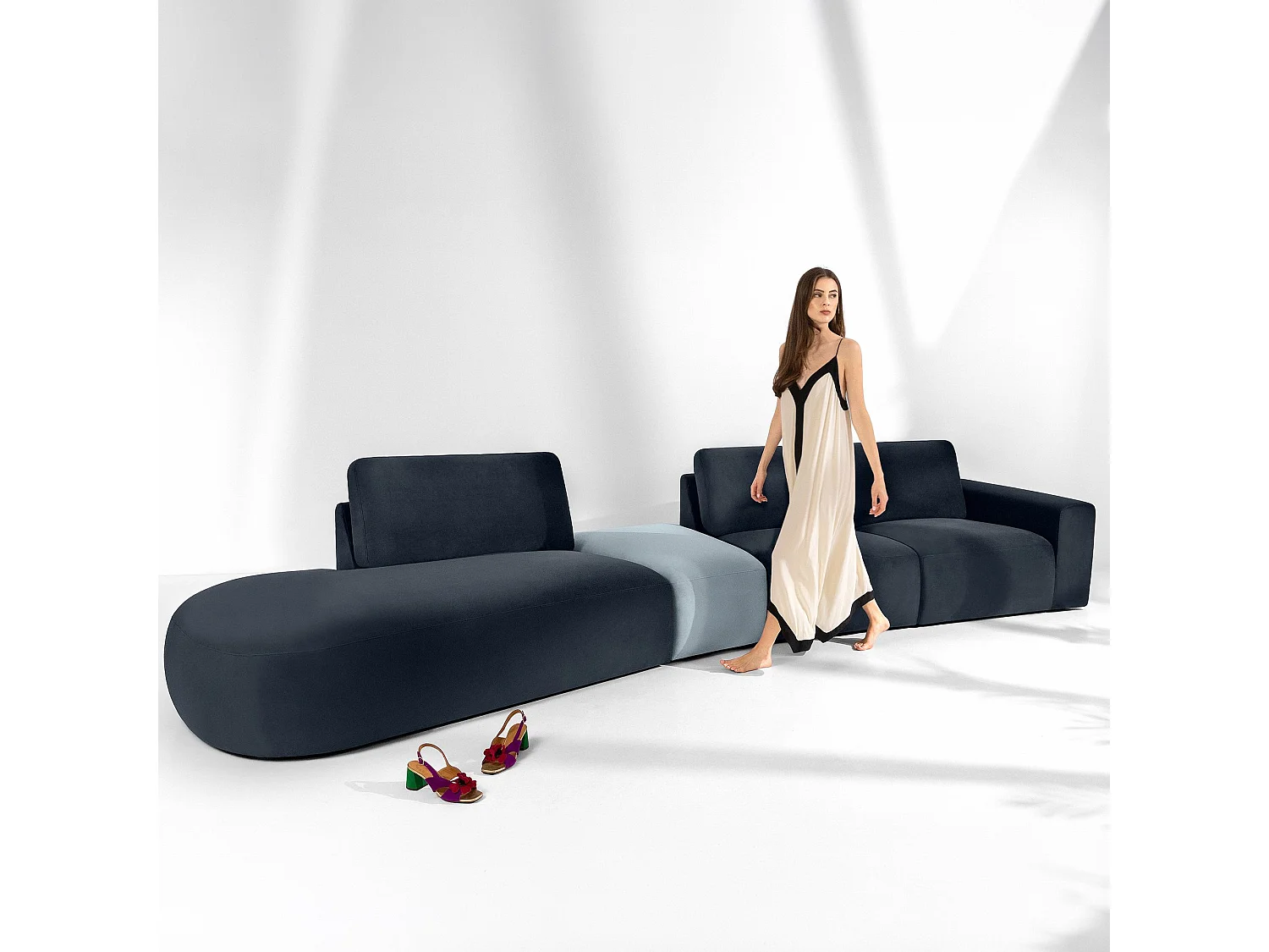 Ecksofa links - modern - ZUCCO - 5-Sitzer - Veloursstoff - Marineblau