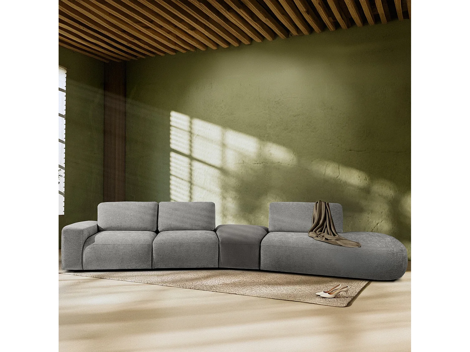 Ecksofa rechts - modern - ZUCCO - 5-Sitzer - Chenille-Stoff - Hellgrau