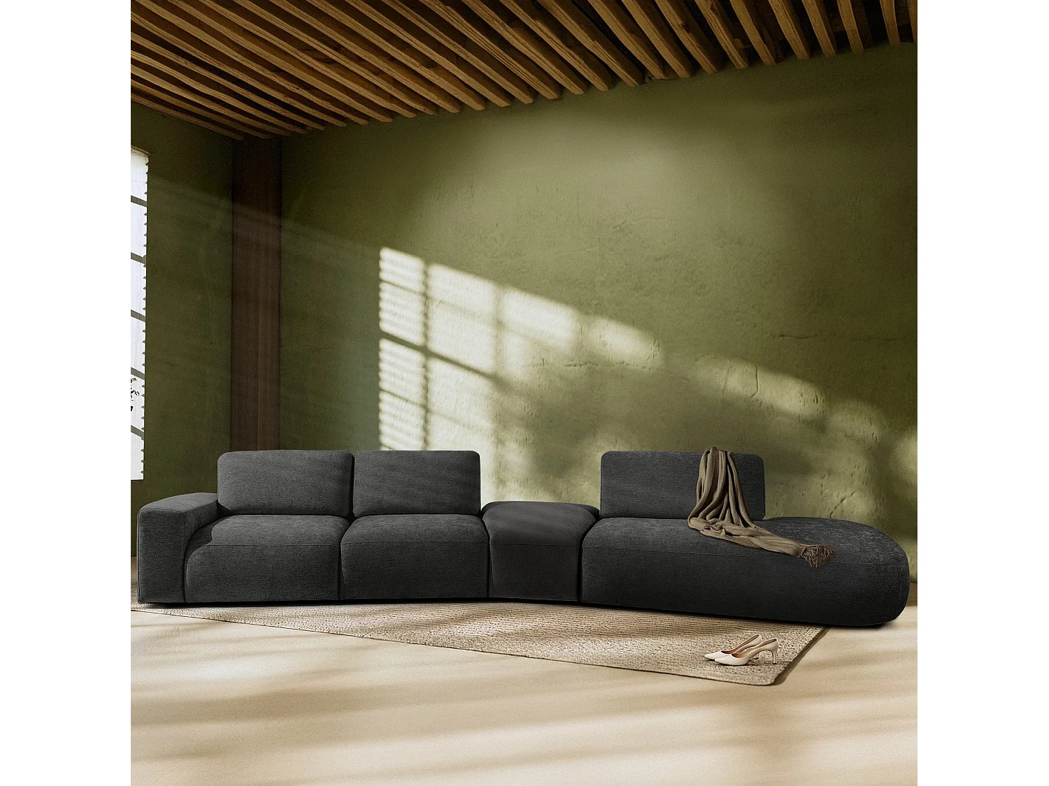 Ecksofa rechts - modern - ZUCCO - 5-Sitzer - Chenille-Stoff - Anthrazit