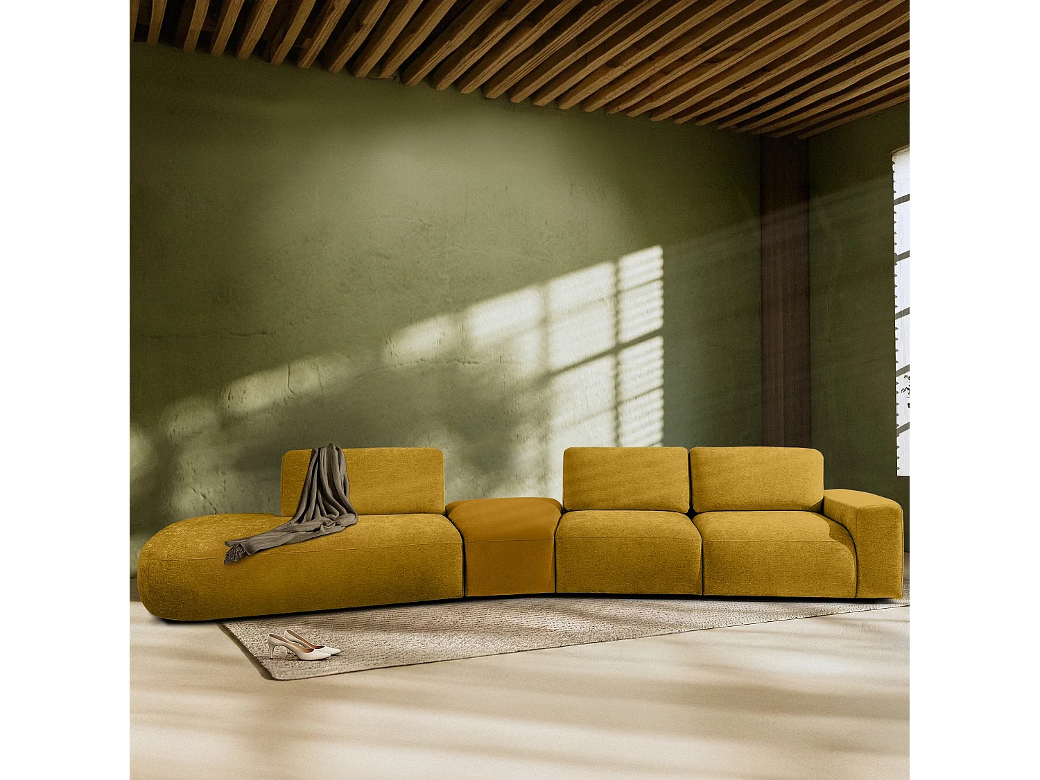 Ecksofa links - modern - ZUCCO - 5-Sitzer - Chenille-Stoff - Gelb