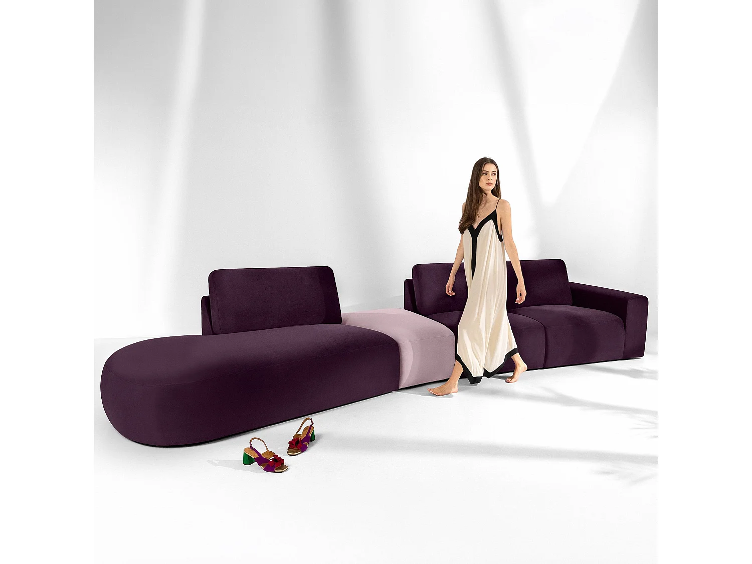 Ecksofa links - modern - ZUCCO - 5-Sitzer - Veloursstoff - Purpur