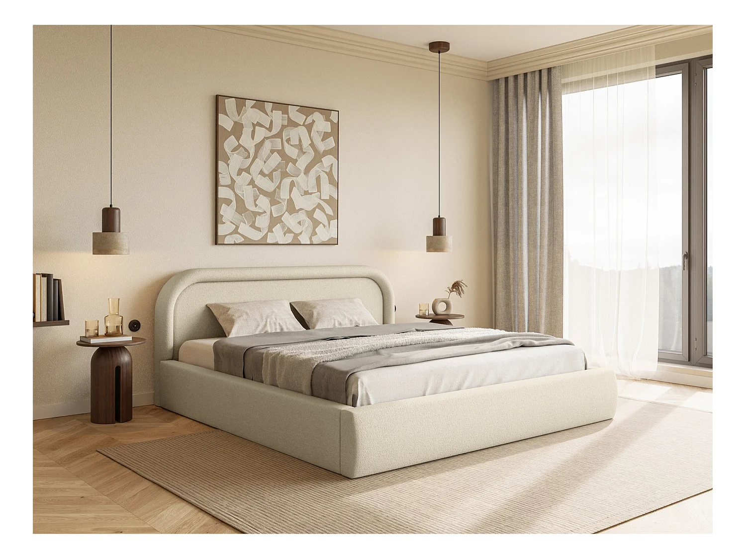 Lit coffre avec tête de lit - 160x200 cm - beige - RUVI