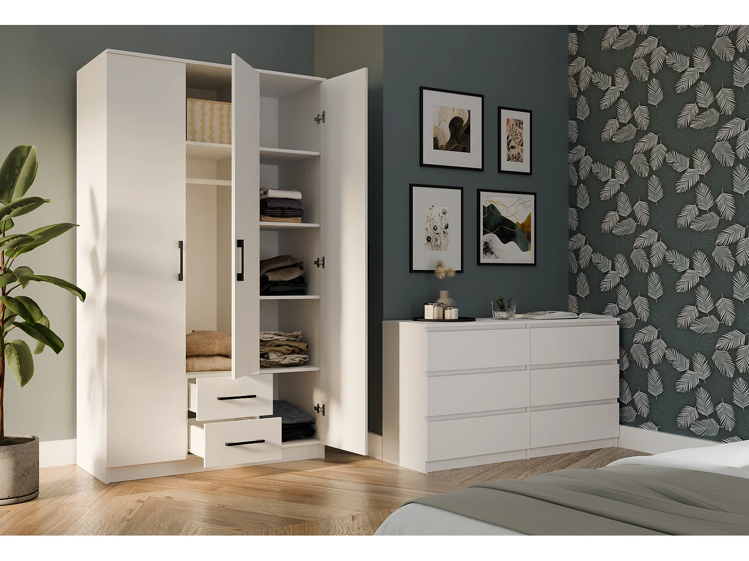 Szafa Romana120|  Biała | 120x52x205 cm | 3-drzwiowa szafa z szufladami