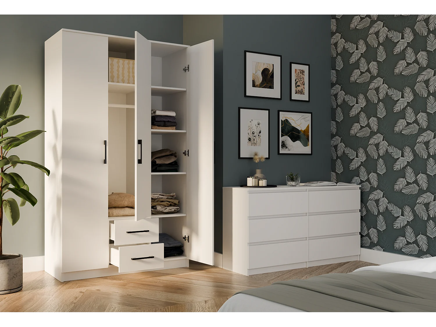 Romana 120 - Armadio - 3 ante, 2 cassetti - 120x52x205 cm - BIANCO