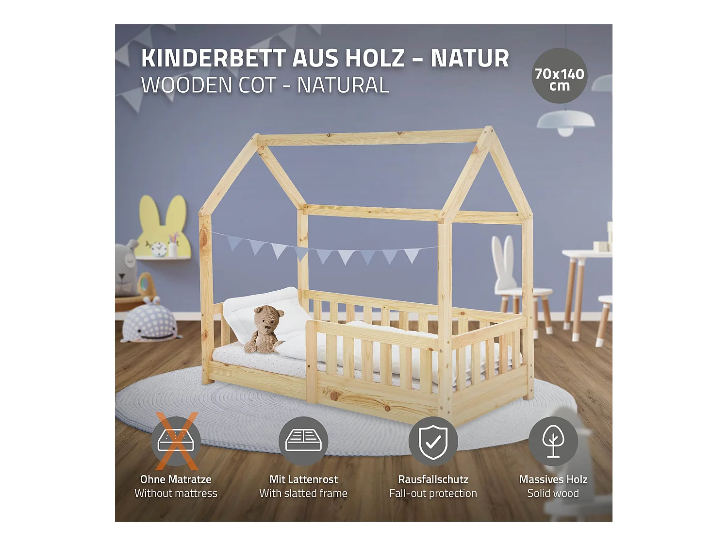Cama infantil con reja protectora estructura madera pino natural cuna 140x70cm